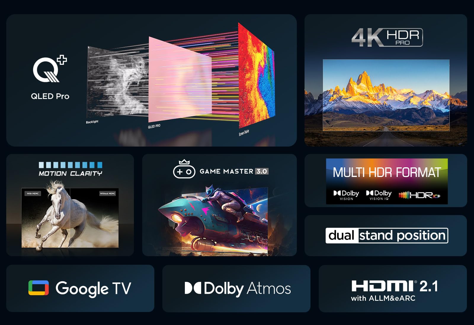 TCL 55T7B Téléviseur QLED Pro 55 pouces, 4K Ultra HD, HDR Pro, Smart TV Powered by Google TV (Dolby Vision & Atmos, Motion clarity, Hands-Free Voice Control, compatible avec Google assistant & Alexa).