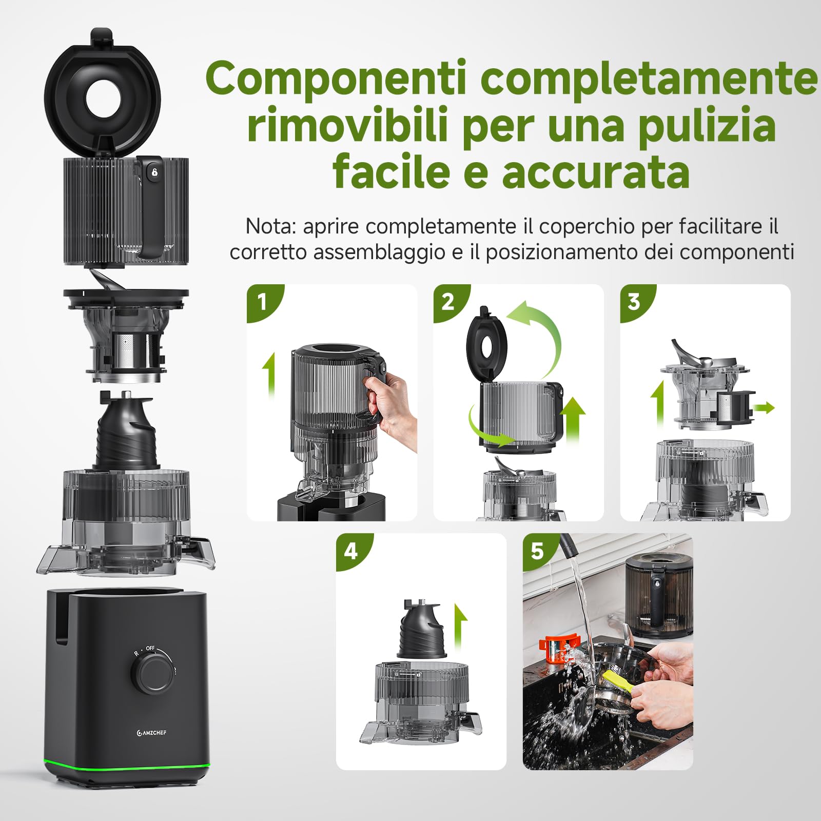 AMZCHEF Estrattore Frutta e Verdura, Frutta e Verdura Intere con Bocca XXL 160 mm, Facile da Pulire, Alta Resa del Succo, Caraffa da 2 L, Estrattore a Freddo per Famiglia, Colazione e Succhi Freschi