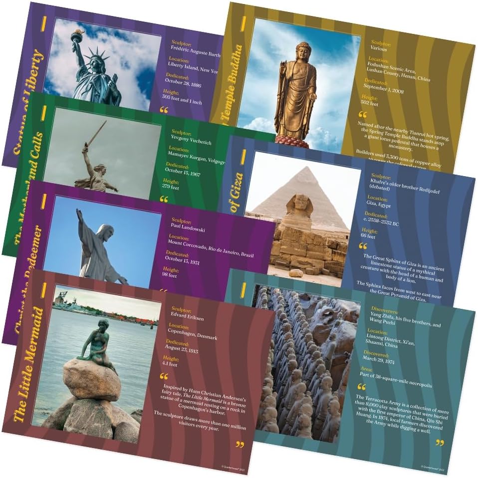 Quarterhouse 7 Poster Famous Statues Set, Social Studies Classroom Learning Materials for K-12 Students and Teachers, 12 x 18 Inches, Made in USA