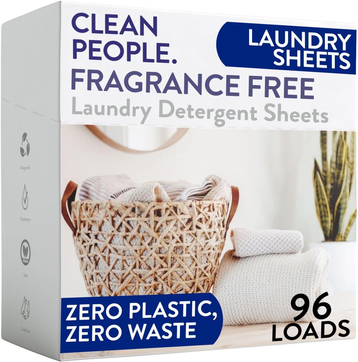 Clean People Laundry Detergent Sheets - Recyclable Packaging, Hypoallergenic, Stain Fighting - Ultra Concentrated, Laundry Soap - Fragrance Free, 96 Pack