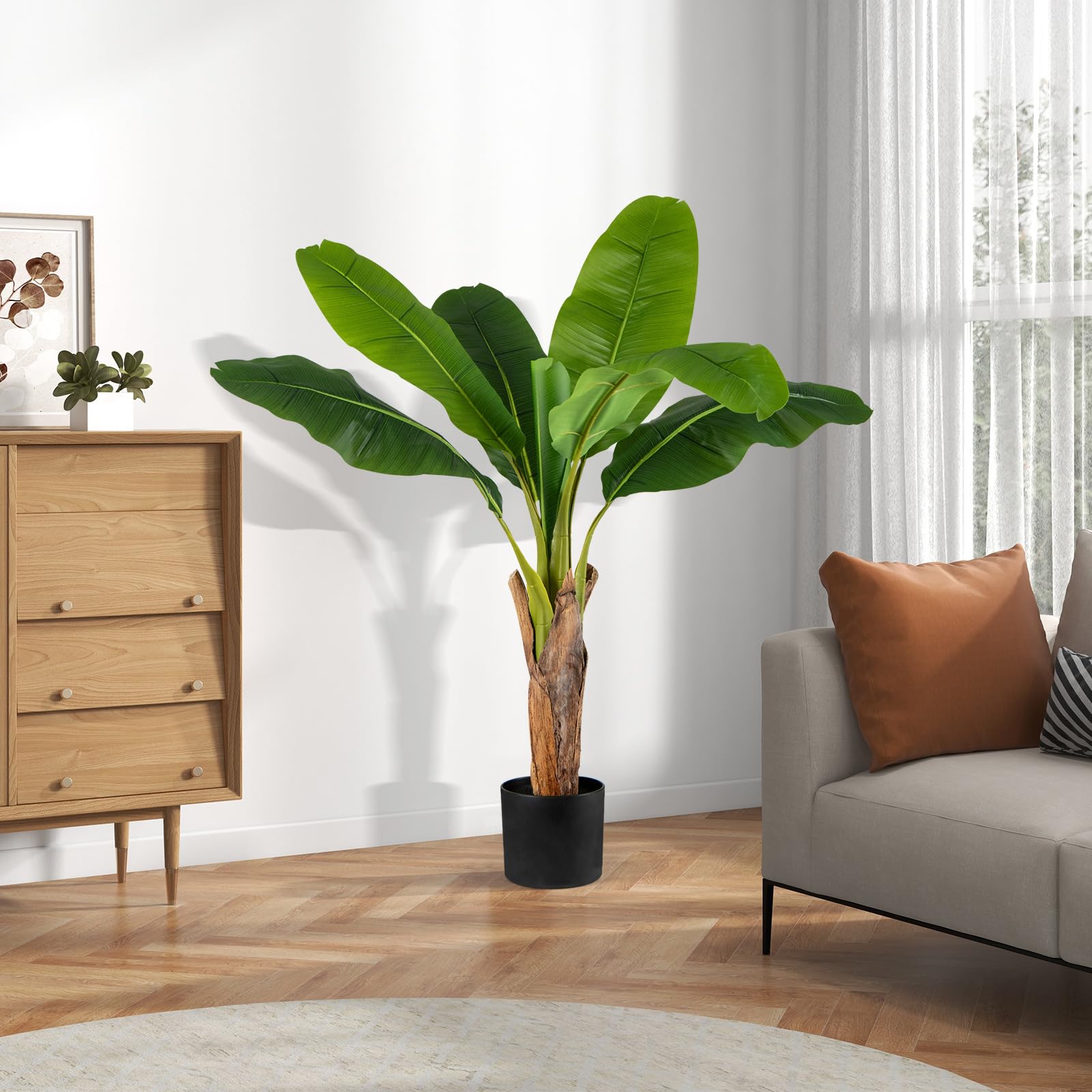 COSTWAY Set da 2 Alberi di Banane Artificiali, Pianta Finta con Foglie di Banana e Rami Regolabili con Vaso, Pianta in Vaso Decorativa da Interno per Soggiorno o Ufficio