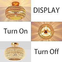 Vista 3 de Lámpara de techo de ratán, 3 luces de latón antiguo de 12.6 pulgadas, tejida a mano, estilo bohemio, semiempotrada, para dormitorio, cocina, sala