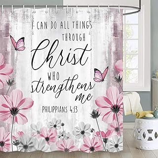 Unique Floral Pink Shower Curtain, Pink and Grey Daisy Flower Elegant Wildflower Design Farmhouse Shower Curtains with Hooks Set, Bible Verse Shower Curtain, Christian Shower Curtain 70 X 70 Inches - Buy now