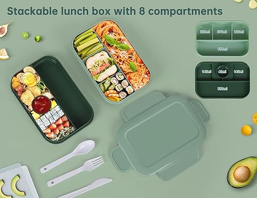 Miniatura 3 de Bento Box - Lonchera para adultos, 67.6 fl oz, doble capa, a prueba de fugas, 4+4 compartimentos, con tenedor y cuchara, sin BPA, apta para