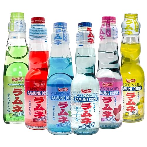 UNHA'S ASIAN SNACK BOX Ramune Japanese Marble Soda Variety Pack - Multiple Flavors - Original, Strawberry, Blueberry, Melon, Lychee, and Yuzu, Japanese Drink Gift Box (6 Count)