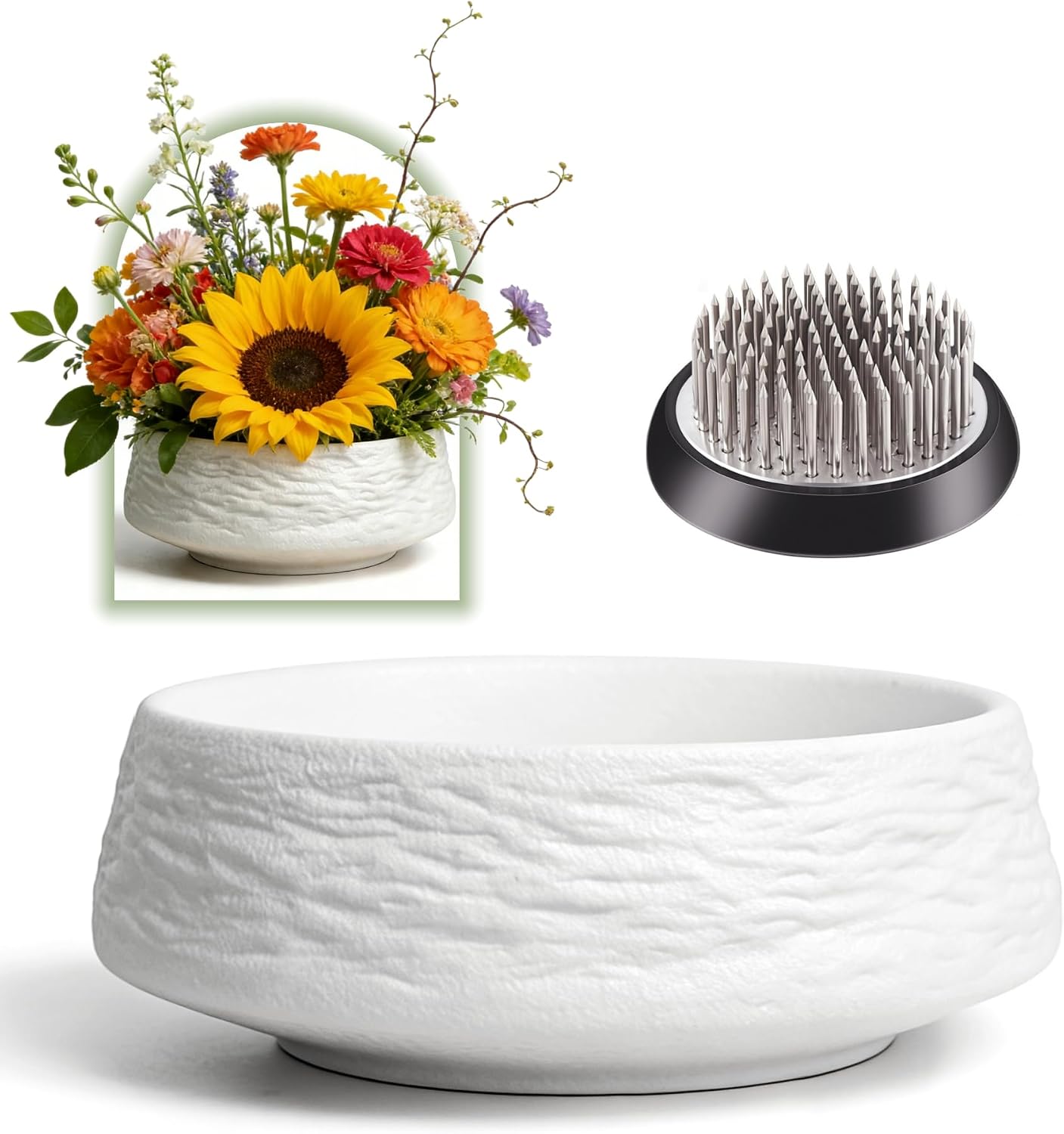 8.5inch Japanese Ceramic Ikebana Vase Kit with 2.4inch Metal Floral Frog Round Stems Holder, Japanese Flower Arranging Supplies Kenzan Flower Container (White)