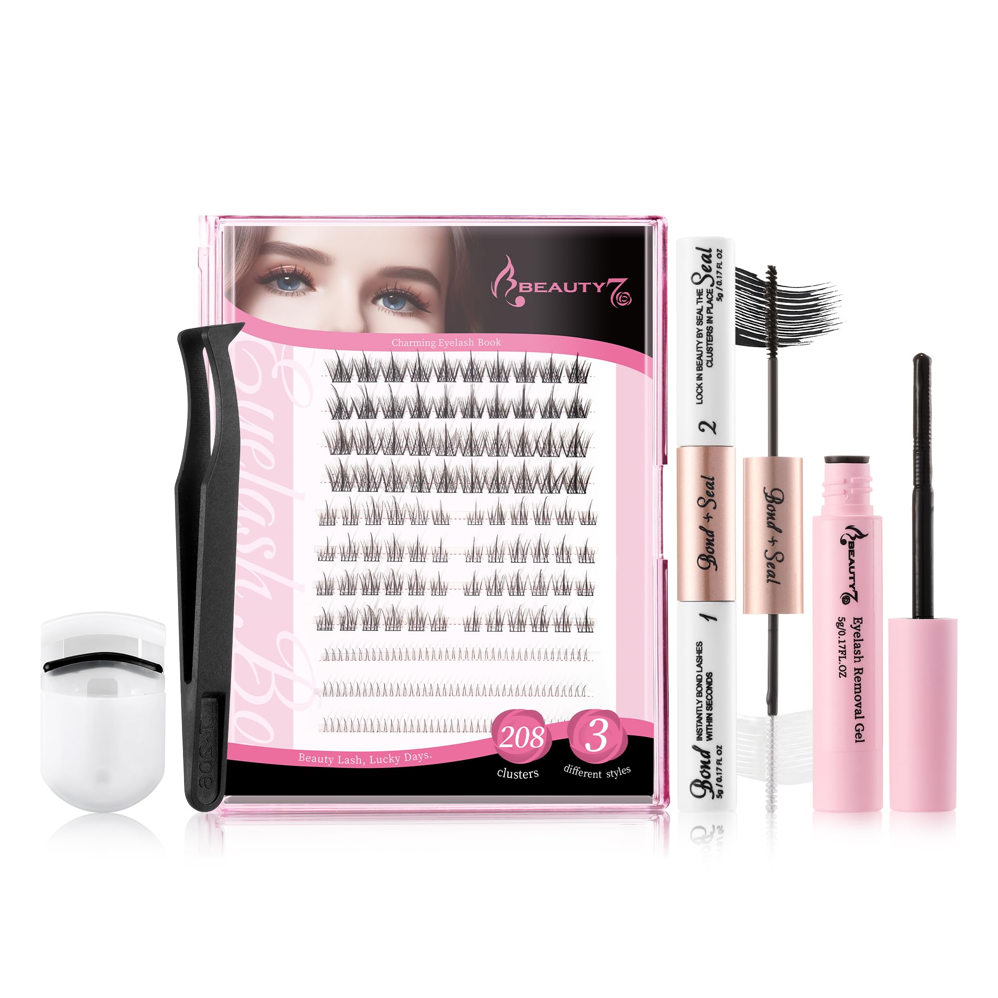 DIY Eyelash Extensions Set Individual eyelashes Individual Applicator Tool 2-IN-1 Bond & Seal/Eyelashes Remover/Tweezers/Eyelash Curler Eyelash Kit 208 Cluster