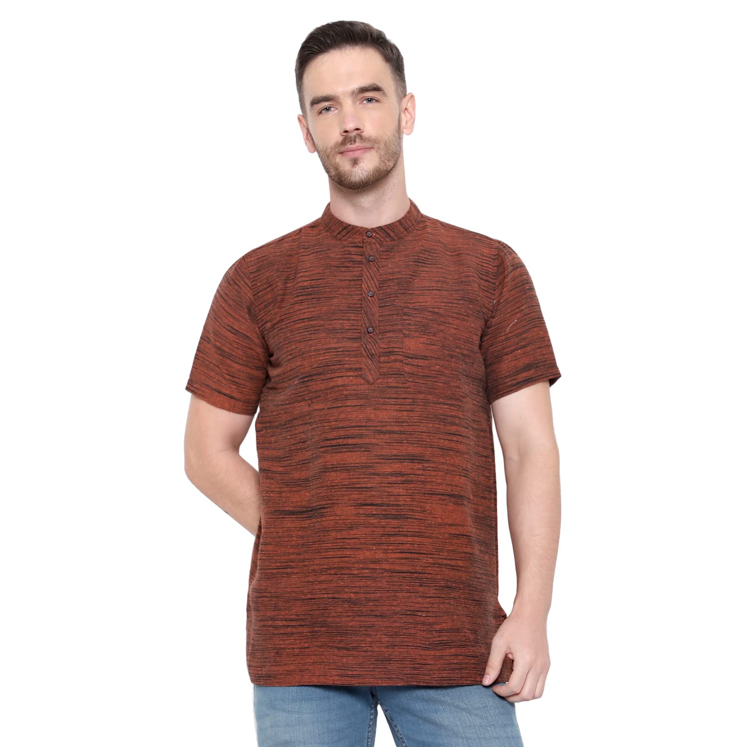 LatestPlus Men's Cotton Blend Fabric Solid Half Sleeve Short Kurta | LPA-SK-DK-P-image-15