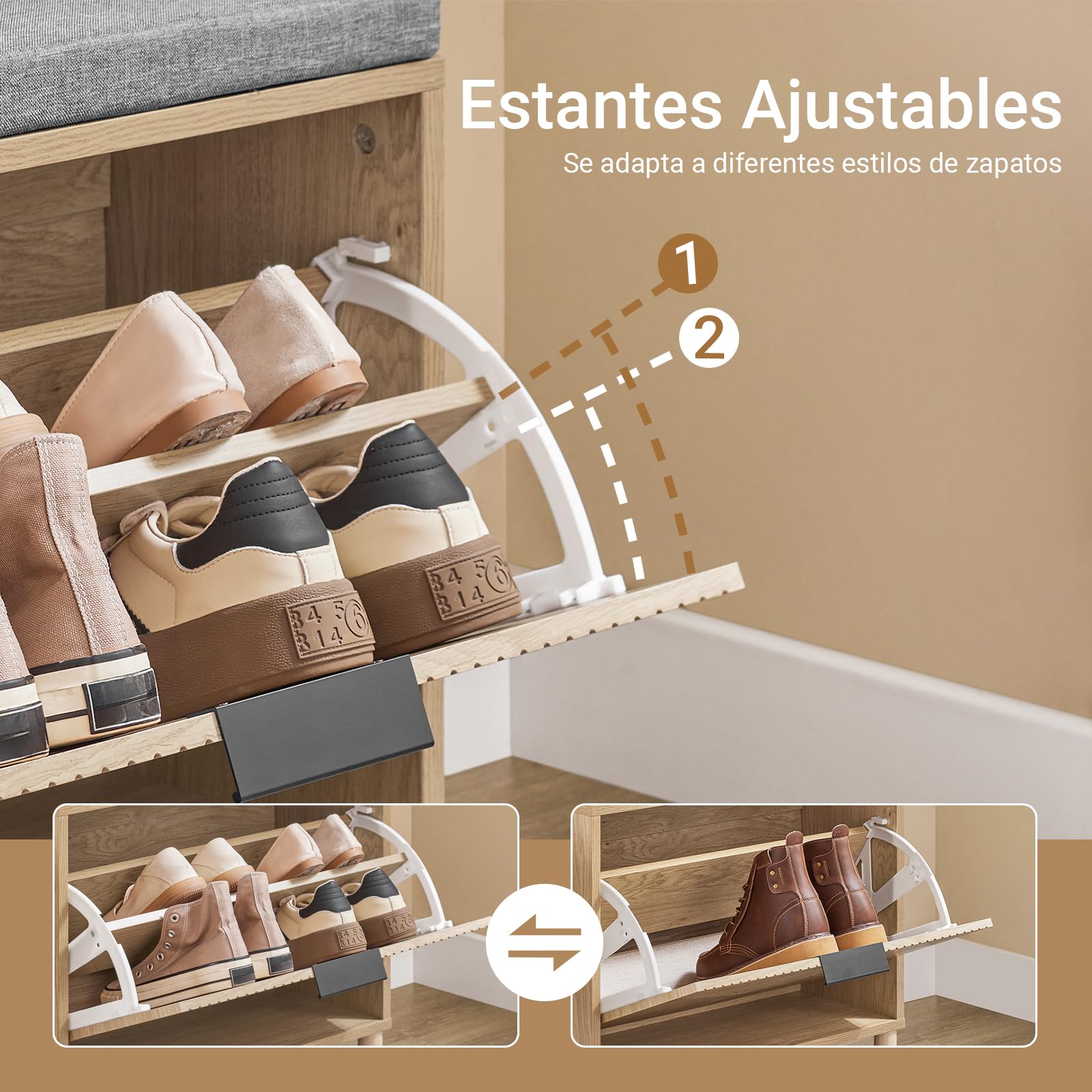 SoBuy Banco Zapatero con Asiento y Almacenaje - Zapatero Entrada Recibidor Compacto con Cojín Gris y Acabado Madera Clara Dormitorio y Recibidor, 60x24x50cm, Capacidad 118kg, FSR199-N