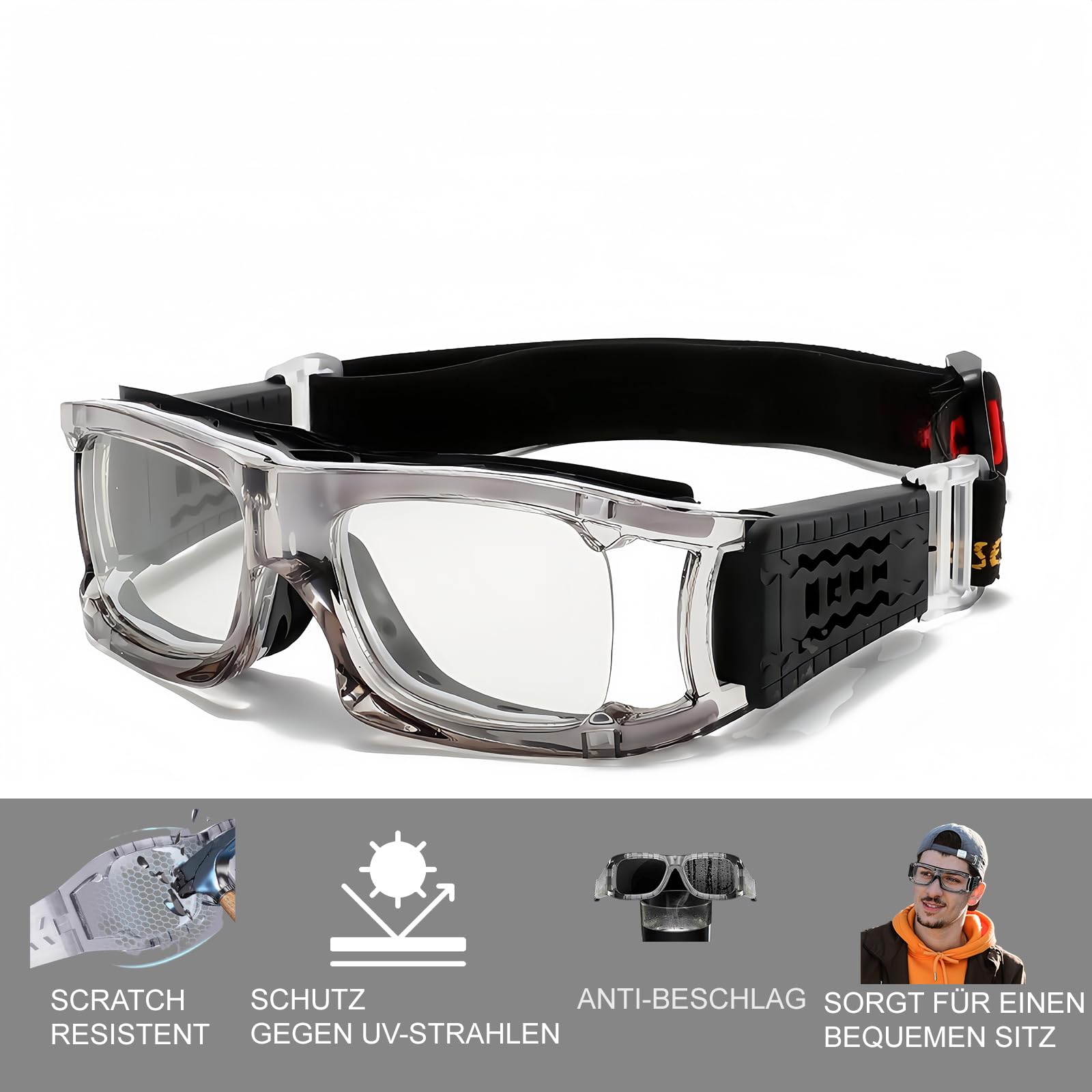 Optische Sportbrille mit Sehstärke,Perfekt sitzende Schutzbrille, Dioptrien: -1,5 bis -8,0, Anti-Beschlag-UV-Schutz，geeignet für Brillenträger，Basketball Laufen Radfahren