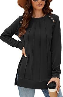 Womens Long Sleeve Tops Crewneck Sweatshirts Pleated Front Sweaters Plain Shirts Trendy Side Split Fall Outfits