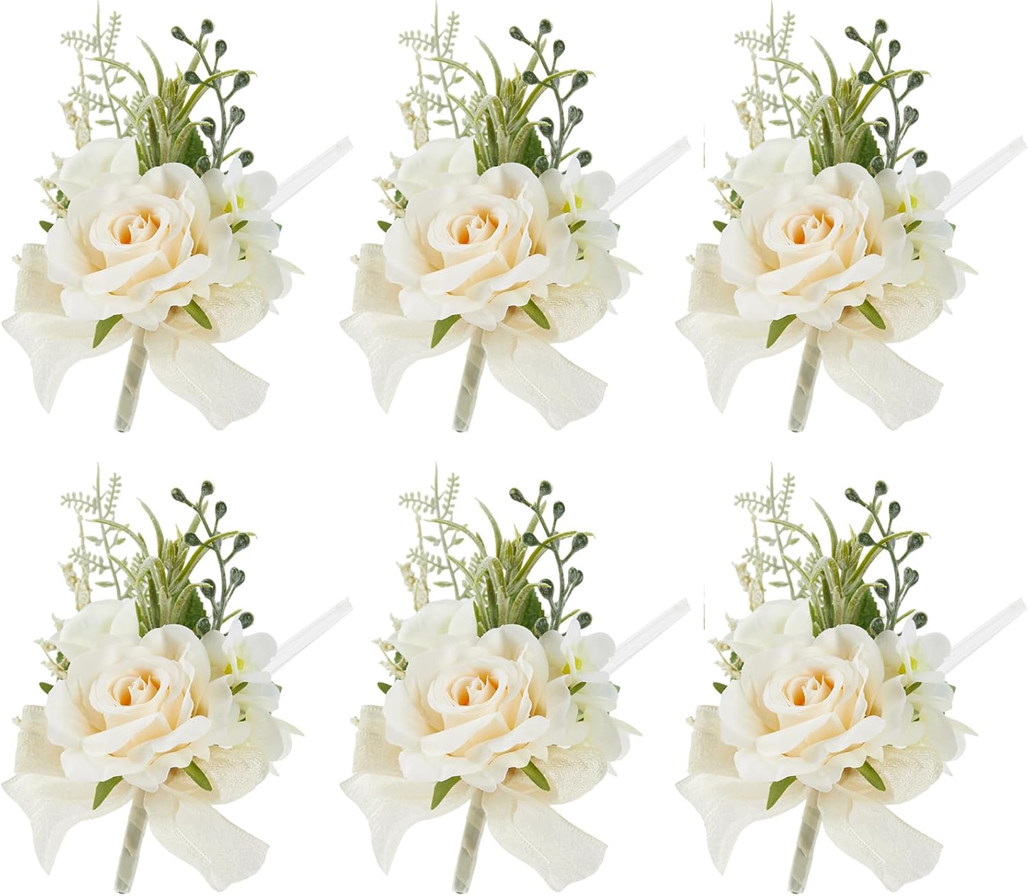 Boutonniere 男性用 ウェディング用 6個セット シルクホワイトローズ ベビーブレス付き新郎とベストマンコサージュ 婚約