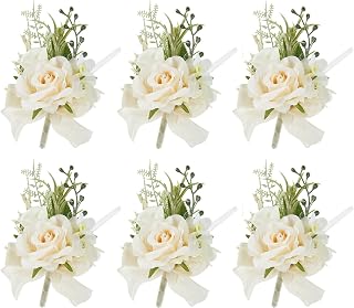 Meldel Champagne Boutonniere for Men - Set of 6, Rose Groomsmen Boutonniere for Wedding, Prom, Homecoming, Party, Vintage Occasions