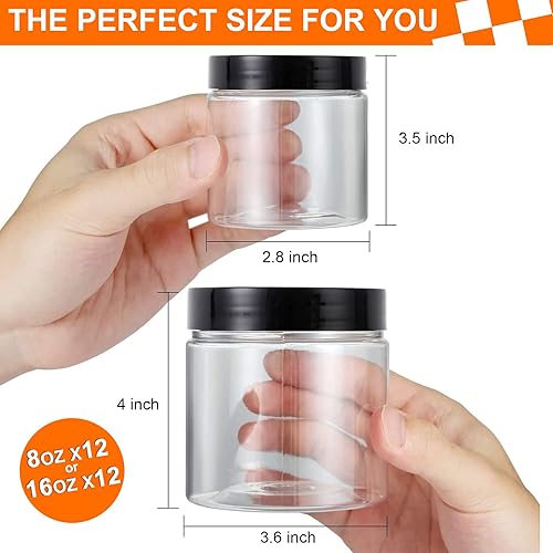 Miniatura 2 de Vivimee Paquete de 24 tarros de plástico con tapas de 16 onzas (paquete de 12) y 8 onzas (paquete de 12), tarros de plástico transparente para