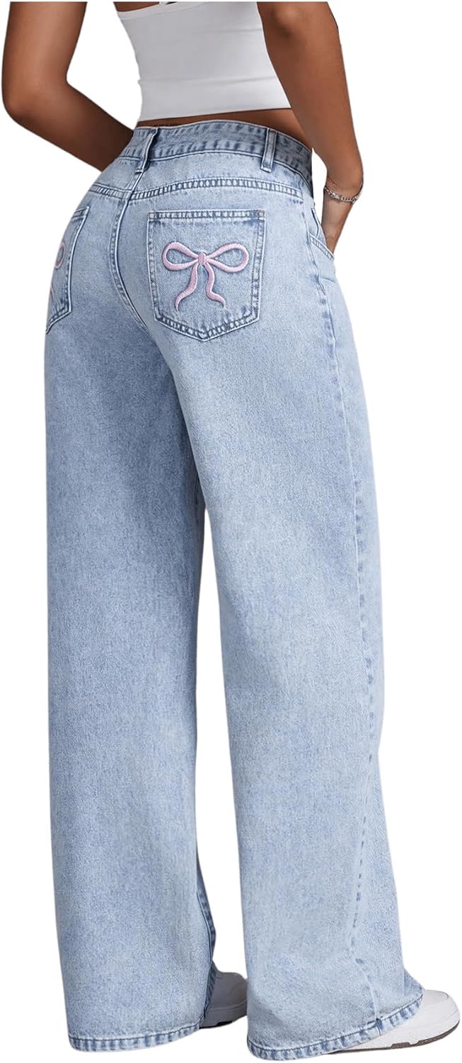 Women's Y2k Bow Low Rise Baggy Jeans 2025 Fall Embroidery Wide Leg Boyfriend Denim Pants