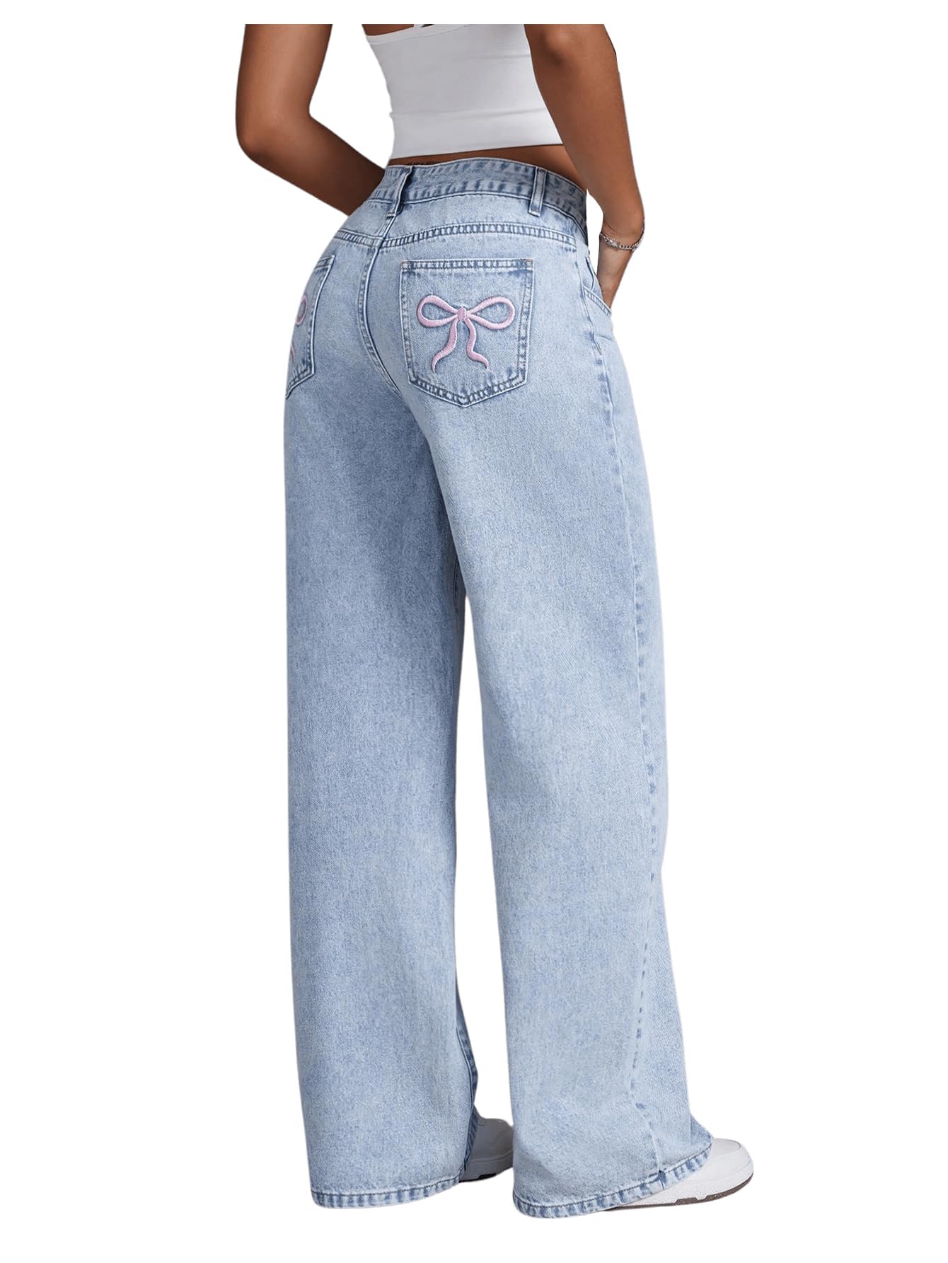 Melliflo Womens Bowknot Embroidery Y2k Jeans High Waisted Straight Denim Pants Basic Wide Leg Fun Jeans