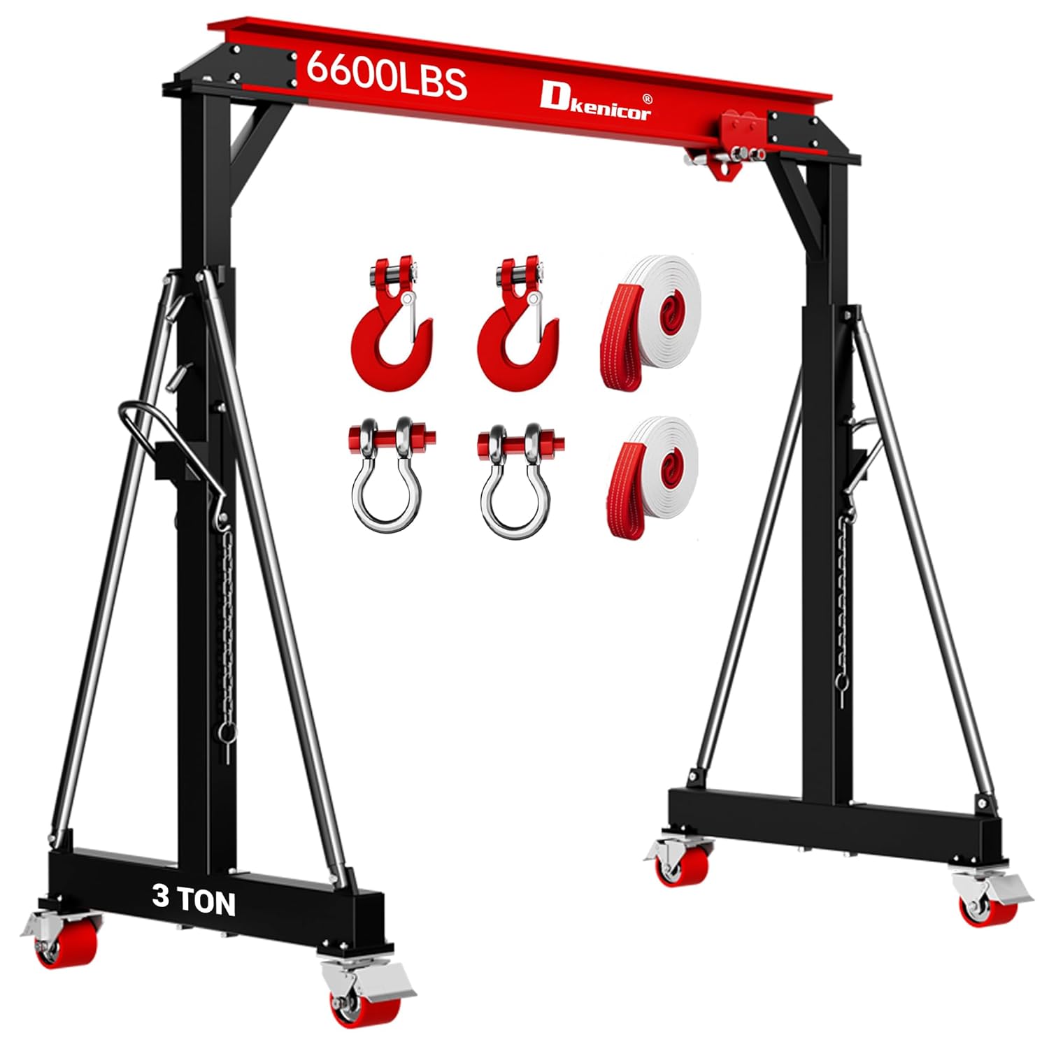 3 Ton 6600Lb Gantry Crane, 9.06FT Maximum Width, 8.53-12.47ft Adjustable Height, Portable Shop Lift Hoist with 3 Ton Manual Trolley, Red