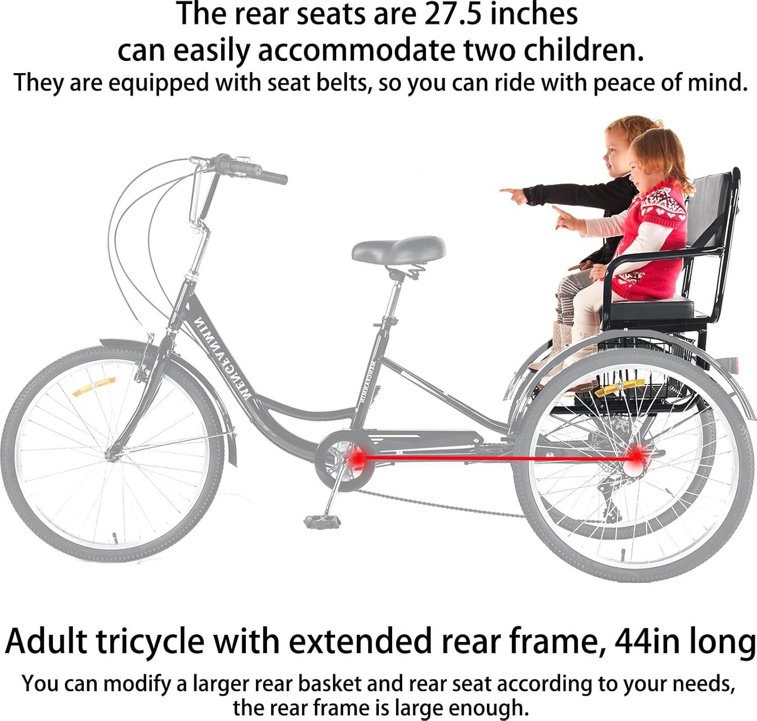 Tricycles for Adults 24'' 3 Wheel Bikes with Rear seat 7 Speed Trikes for Women Maximum Load 550lbs 44in Extended Rear Frame for Seniors Picnic Exercise Shopping