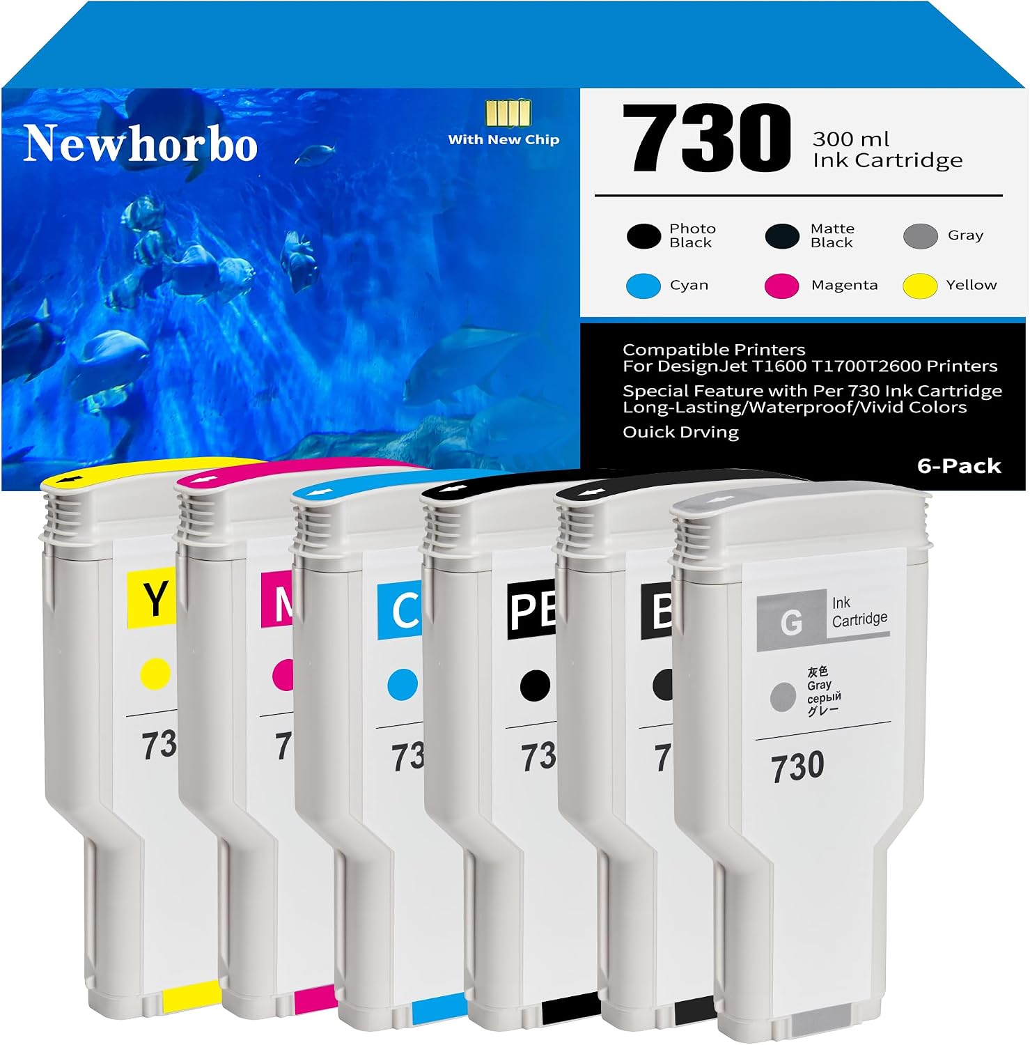 730 Ink Cartridge 300ml P2V69A P2V70A P2V71A P2V72A P2V73A Replacement for HP DesignJet T1600 T1700 T2600 Printer(Matte Black Photo Black Cyan Yellow Magenta Gray 6-Pack