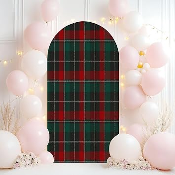Wedding Arch Backdrop Cover 7.2FT Christmas new Year Tartan Plaid Scottish Black White cage Spandex Fitted Arch Cover Round Top Stands Cover for Birthday Party Ceremony Banquet Decoration