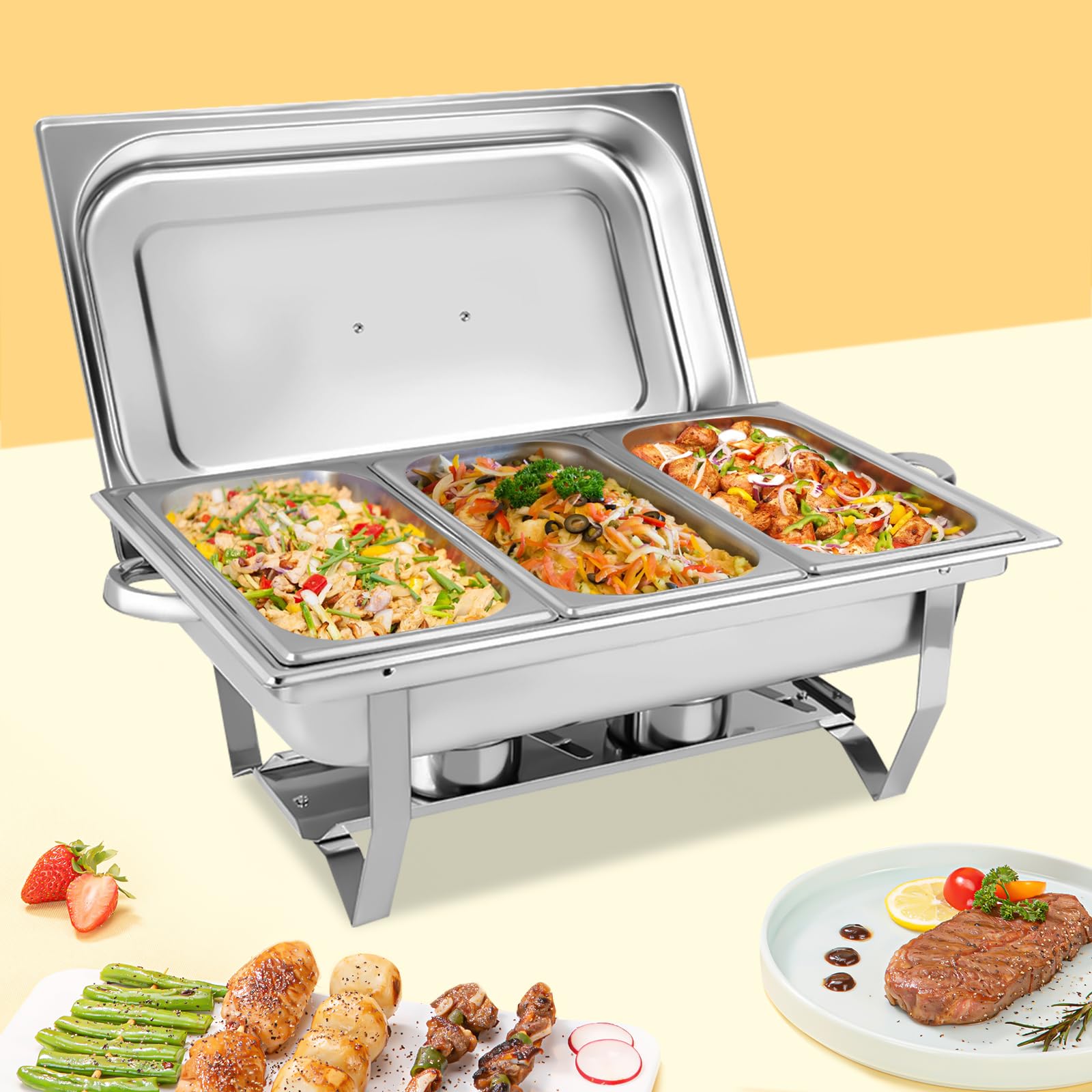 9 l, stal nierdzewna, 3 grid chafing Dish, podgrzewacz do jedzenia, pojemnik utrzymujący ciepło, ze stali nierdzewnej, zestaw do cateringu, bufetu i na imprezę