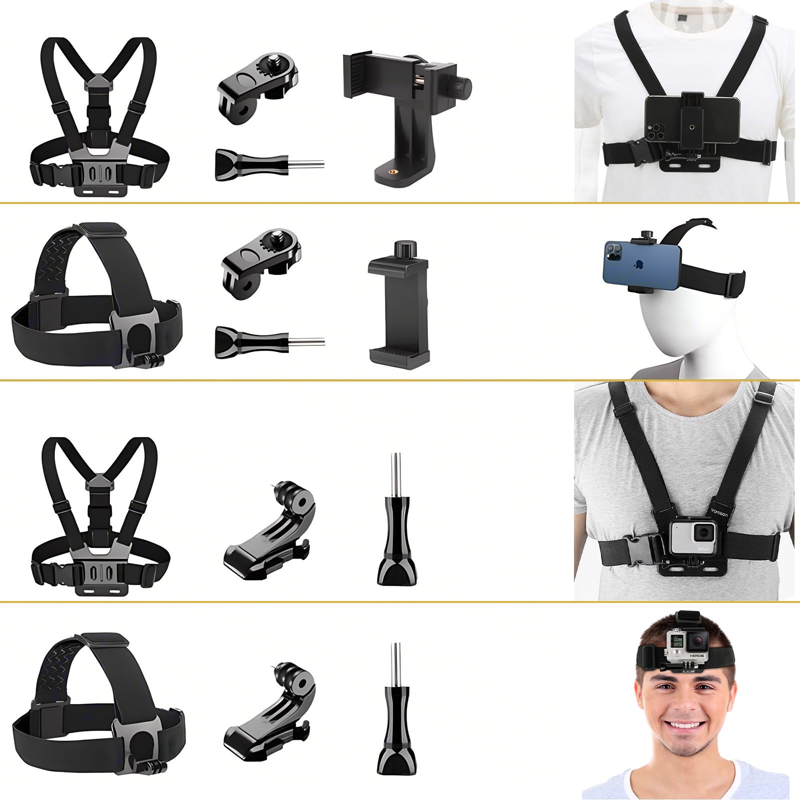 6 Piezas Soporte Movil Pecho Camara Arnes Pecho Correas de Cámara de Acción Arnés de Pecho Arnés de Cabeza 3 en 1 Accesorios Camara Deportiva para GoPro Hero dji Osmo y Smartphone