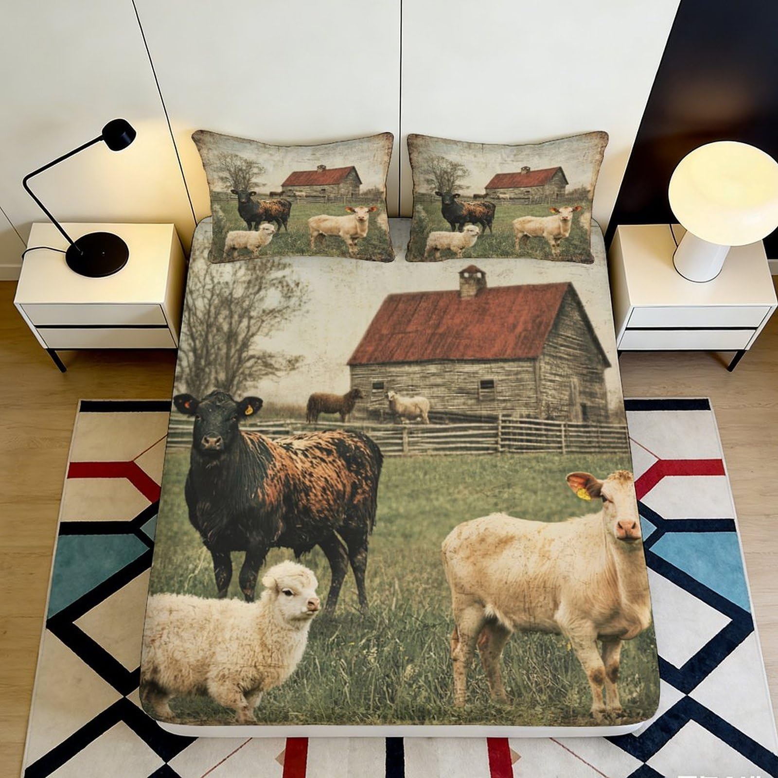 Pnayamiorkfel Style-8 3D Printed Farm Barn Fitted Sheet Microfiber Cattle Sheep Bed Cover For Bedroom Guest Room Decor Easy Care 90X200x25cm