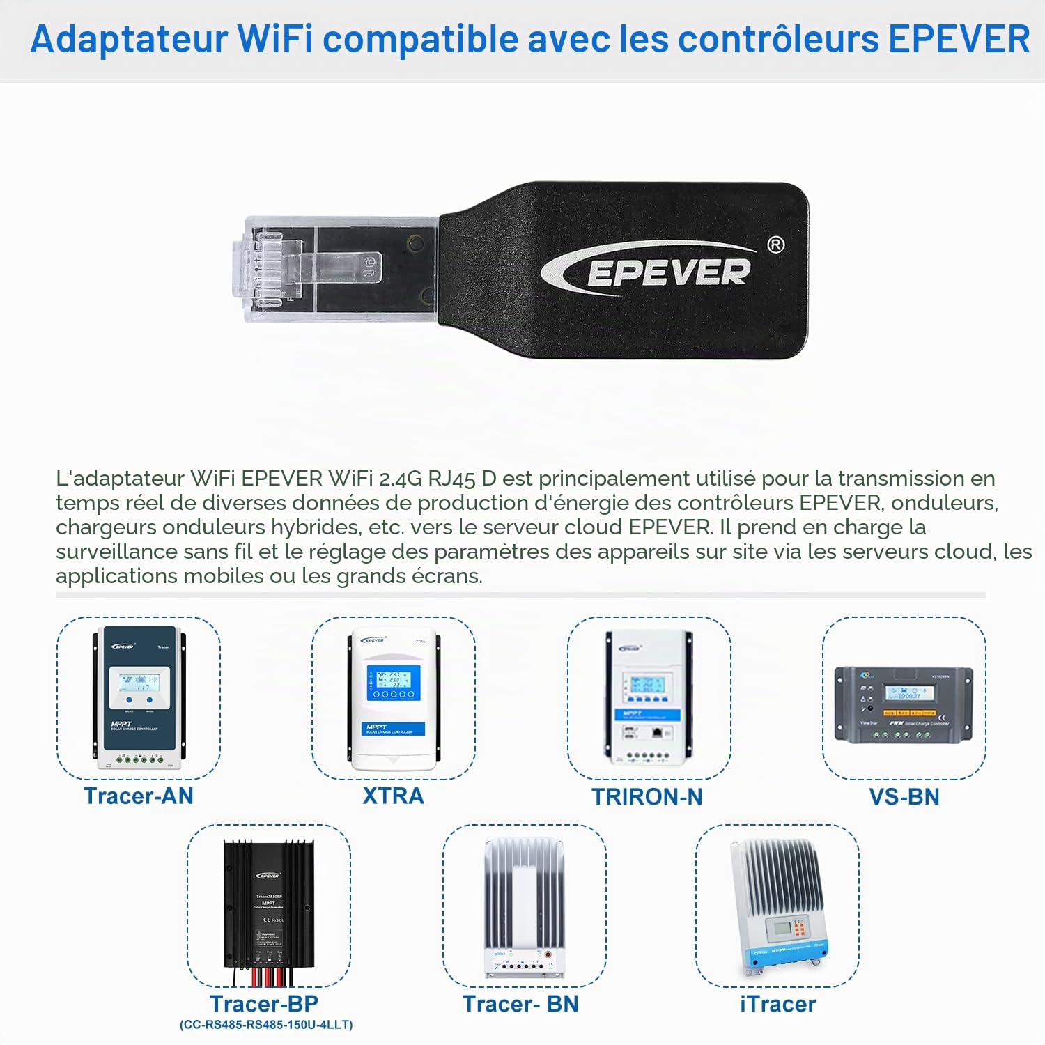 EPEVER Module WiFi 2,4 G RJ45 D pour contrôleur de charge solaire MPPT pour surveiller et modifier les paramètres par application mobile (EPEVER-WiFi-2.4G-RJ45-D)