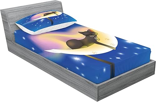 Miniatura 277 de Ambesonne Juego de sábanas bajeras y fundas de almohada con diseño de gato durmiendo en luna creciente, estrellas, sueños nocturnos, juego de ropa
