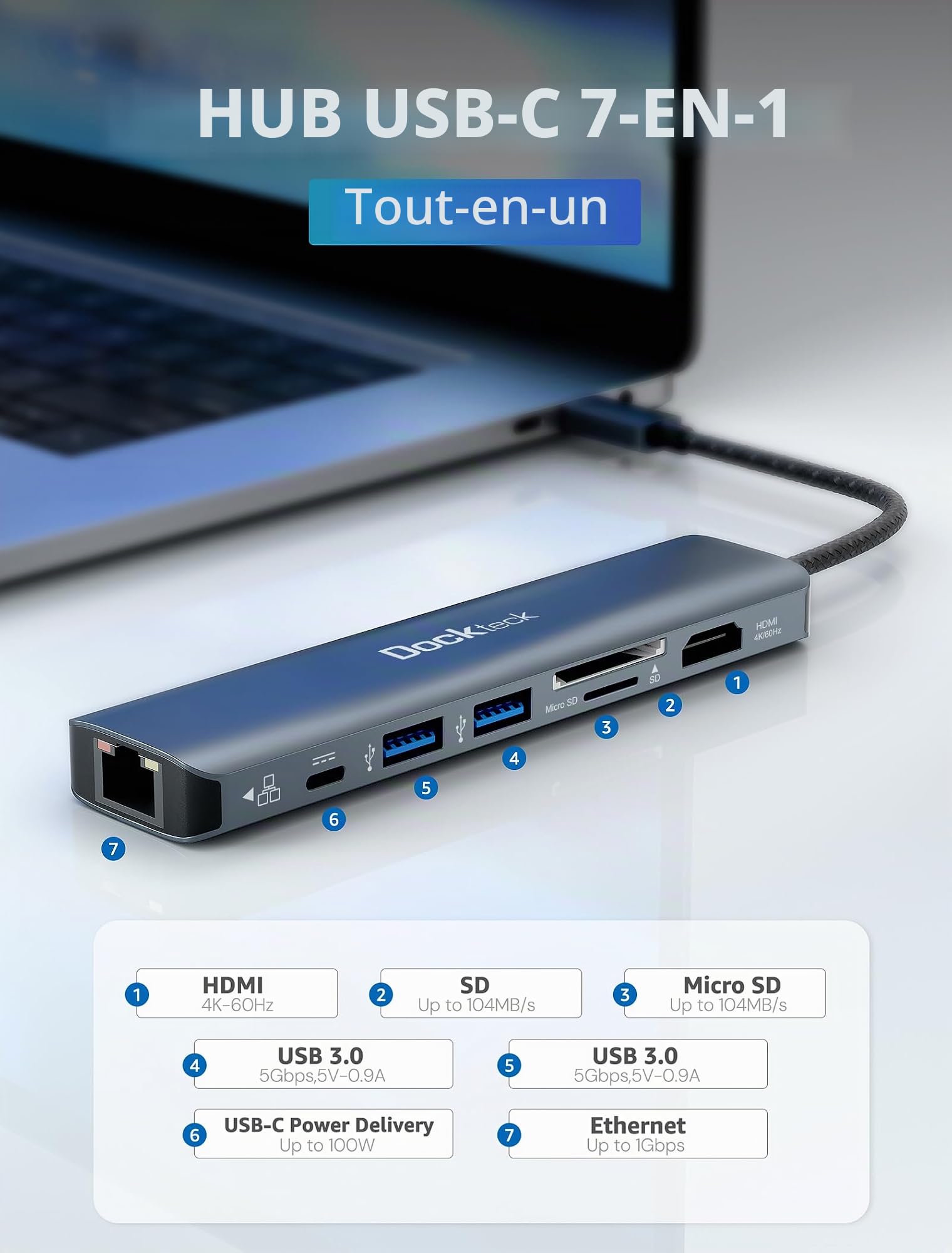 Dockteck Hub USB C Ethernet HDMI 4K 60Hz, Adaptateur USB C 7-en-1 avec Ethernet HDMI, LAN RJ45, 100W PD, 2 USB-3.0, SD/microSD, pour MacBook Pro/Air, iPad Pro/Air/, Surface Pro 9, XPS 13, HP, Lenovo