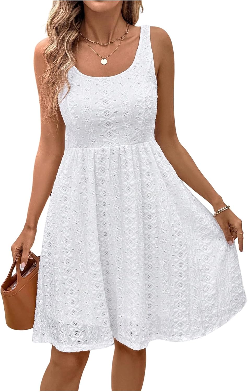 Floerns Women's Summer Short Dress Sleeveless Square Neck Eyelet Embroidery Beach A Line Dresses
