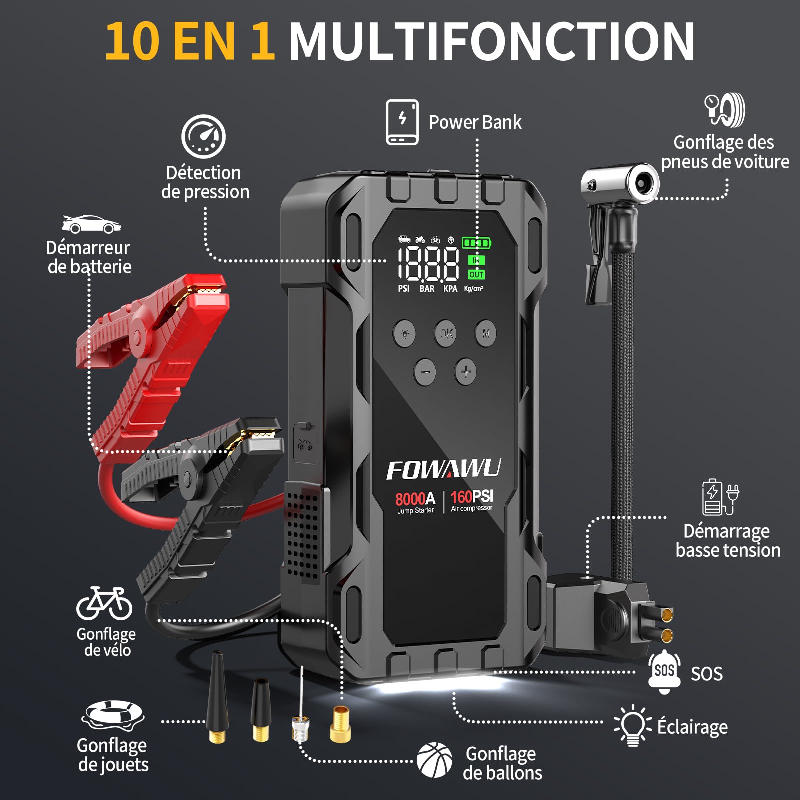 FOWAWU Booster Batterie Voiture avec Gonfleur 10-en-1, Démarreur de Batterie 8000A 26800mAh(All d'essence / 10 L Diesel), Gonfleur Pneus Voiture 160psi Arrêt Automatique, Mode Forcé à Basse Tension