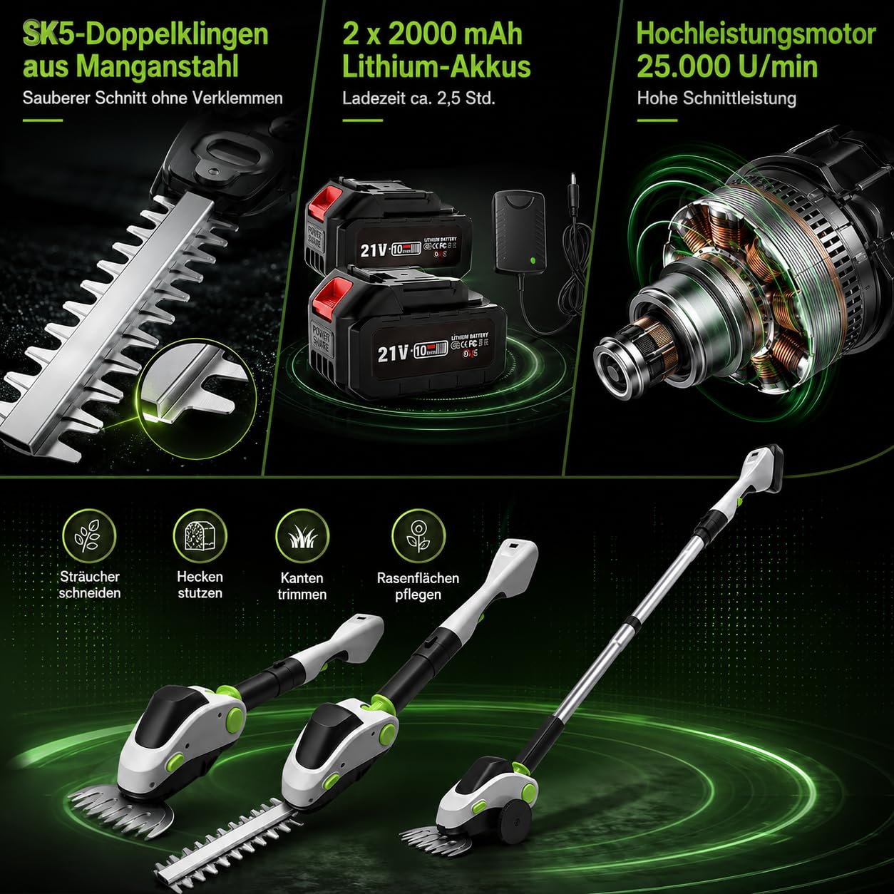 Teleskop Heckenschere Akku mit Rollen, 4-in-1 Elektro-Teleskop-Astschere & Grasschere mit Leistungsdisplay und 2x21V Akkus, Aluminiumlegierung, 110° Verstellbarer Kopf, Max 1,73m