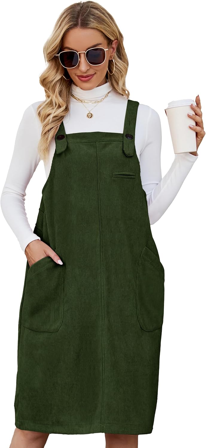 Flygo Women's Corduroy Jumper Overall Pinafore Midi Dress Skirt with Pockets