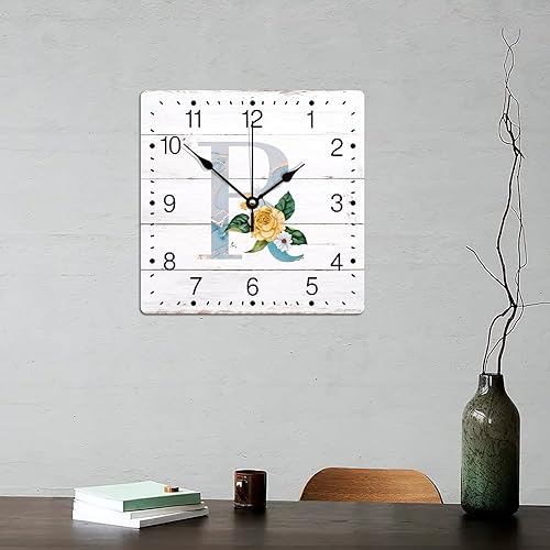Miniatura 6 de Reloj de pared de PVC con letra inicial R, monograma y apellido de girasol, 12 pulgadas, cuadrado, silencioso, sin tictac, divertido reloj colgante