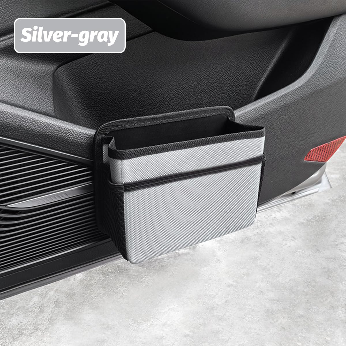 Car Trash Can, Waterproof Oxford Cloth Vehicle Dustbin Garbage Organizer Holder with One Roll Trash Bag, Foldable Automotive Interior Hanging Storage Box Container, Universal Fit (Silver/Gray)