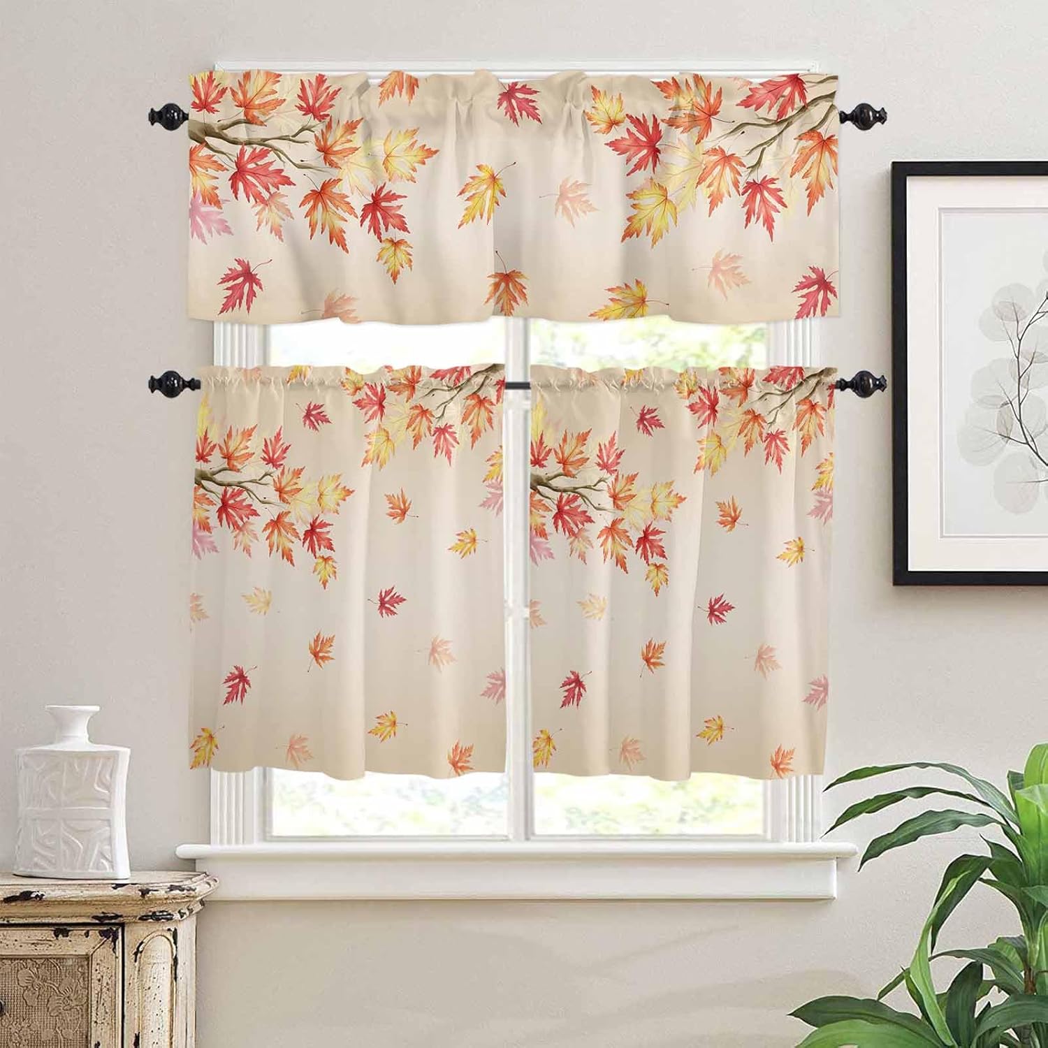 Autumn Maple Leaves Kitchen Curtains and Valance Set, Farmhouse Window Curtain Valance 54''x18'', Thanksgiving Harvest Fall Aesthetics Art Small Short Half Tier Curtains for Bathroom Cafe 55x24 Inch