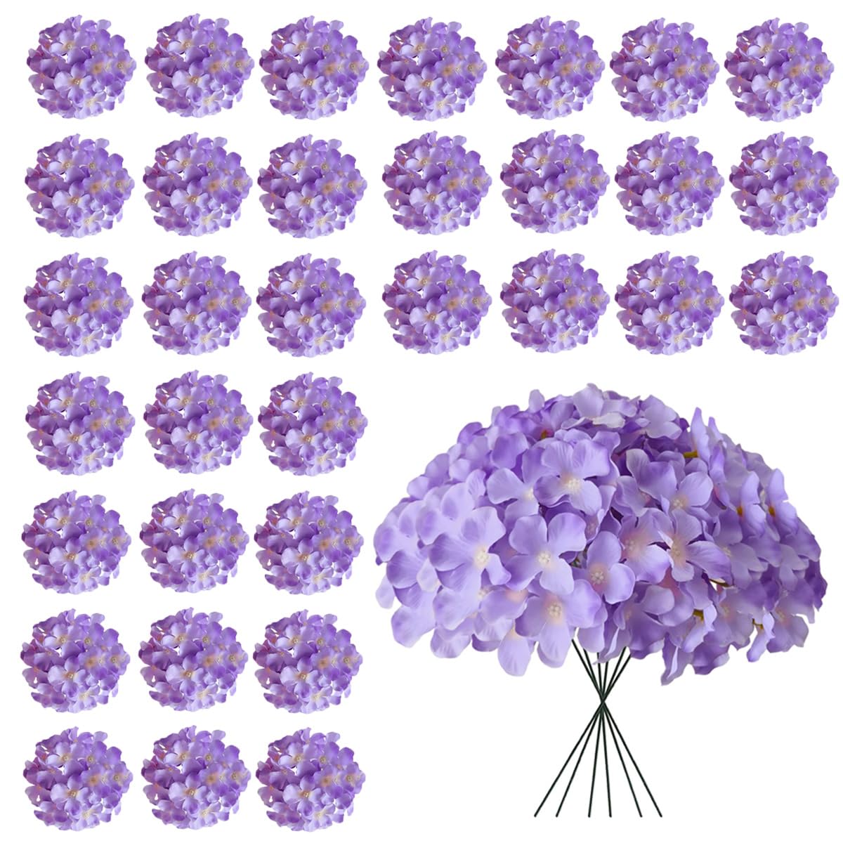 Cherica 30 Pcs Purple Hydrangea Artificial Flowers Bulk, Faux Hydrangea Flowers Heads, Artificial Fake Silk Hydrangea Flowers with Stems, Purple Flowers Artificial for Decoration Wedding Décor