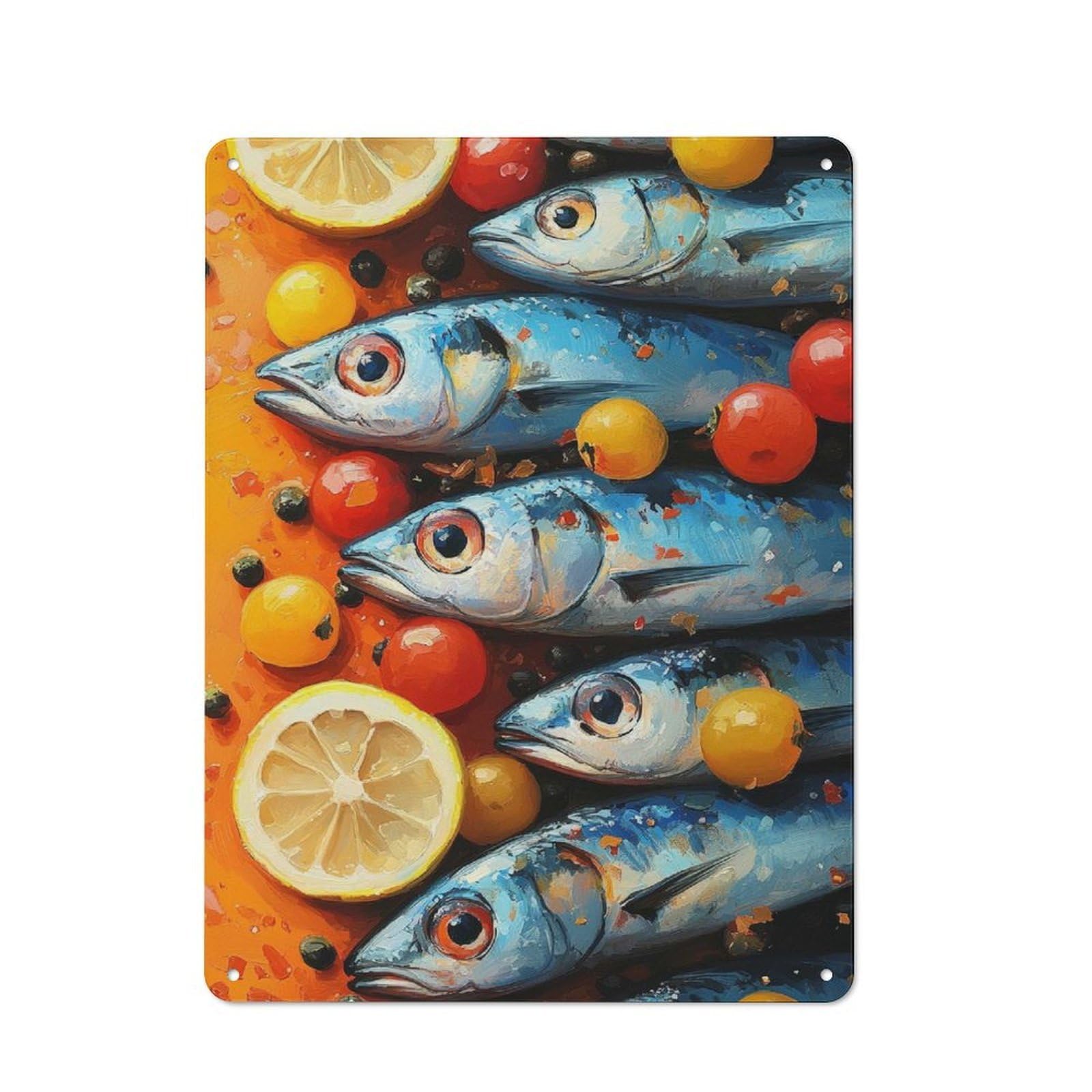 Junmoney Sardines With Lemon And Tomatoes For Garden Room Or Summerhouse, Vintage Tin Sign 40X30cm, For Display In Garden Rooms And Summerhouses