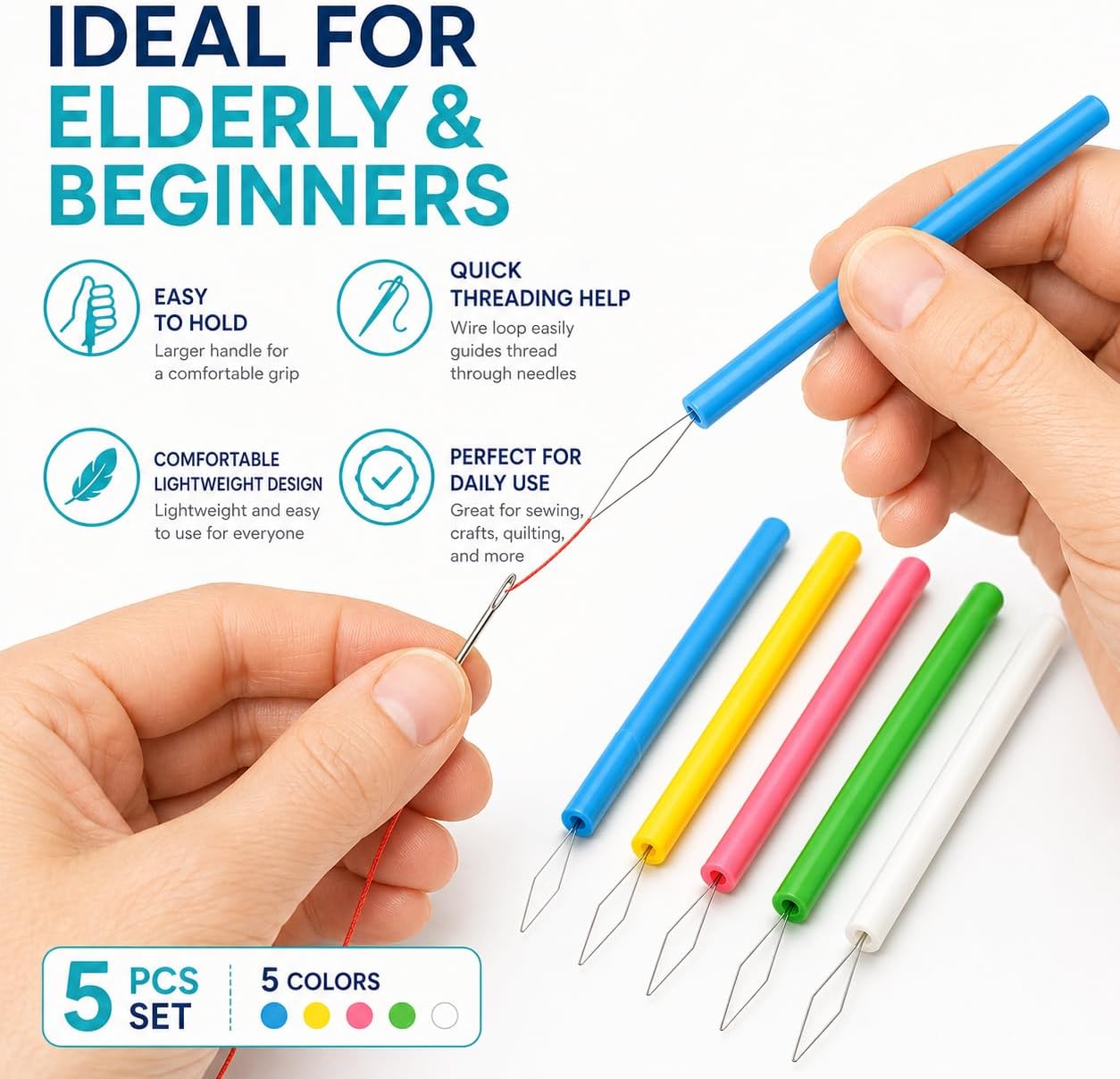 5Pcs Needle Threading Tool Set, Easy Threading Guide for Sewing, Plastic Threader for Elderly, Beading and Handcraft Accessories
