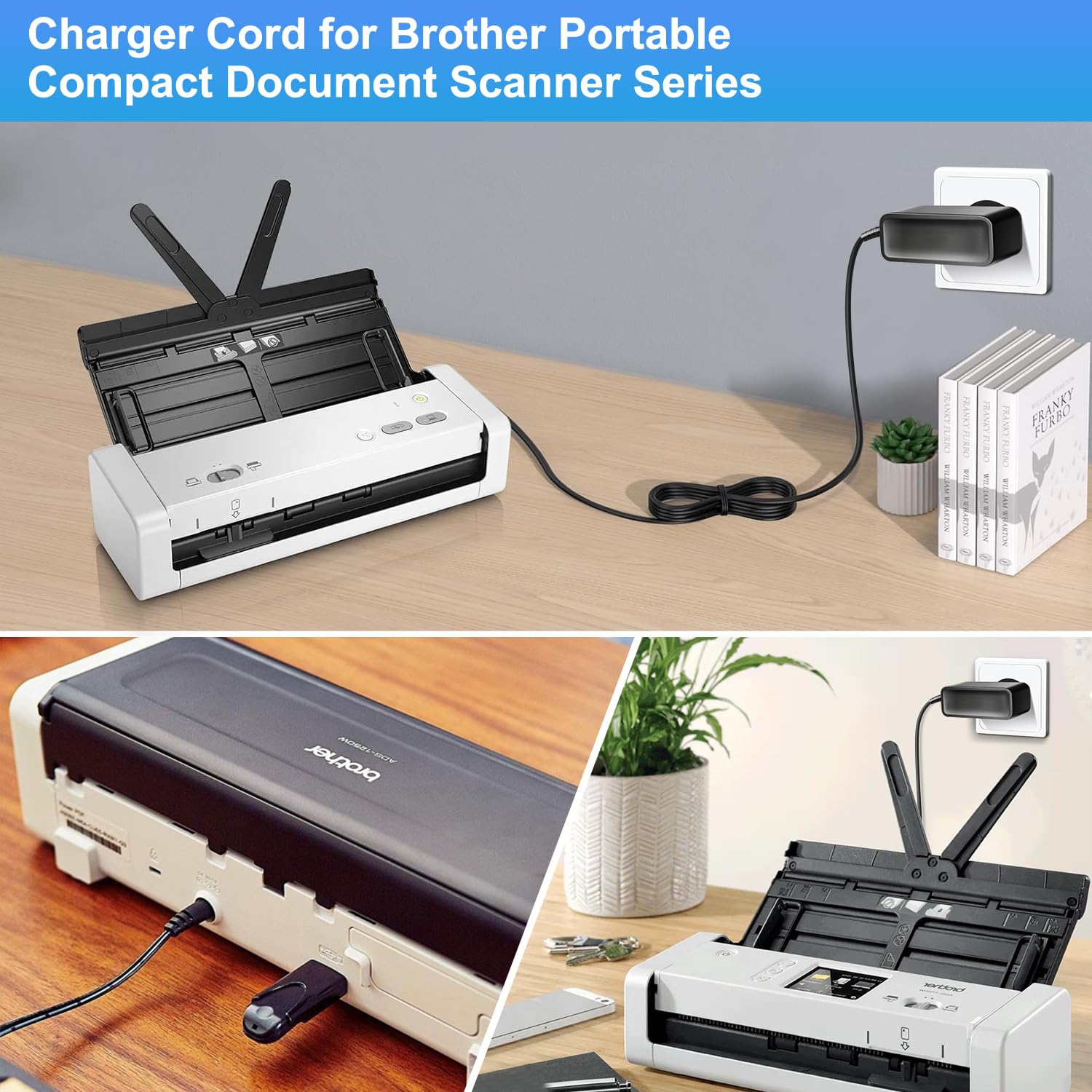 KFD Adaptateur secteur chargeur pour Brother ADS-1800W ADS-1300 ADS-1190 ADS-1200 ADS-1250W ADS-1700W ADS-1300 ADS-1350W scanner de documents Epson Workforce ES-200 ES-300W ES-300WR A491H 11B24 1201