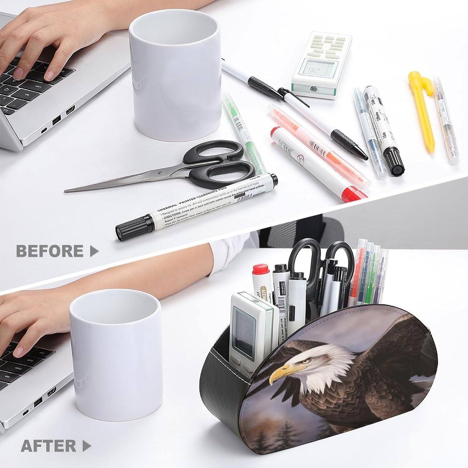 Bald Eagle Remote Control Holder Farmhouse TV Media Remote Storage Box with 5 Compartments PU Leather Remote Caddy Desktop Organizer for Home Bedside Table Organizer image 3