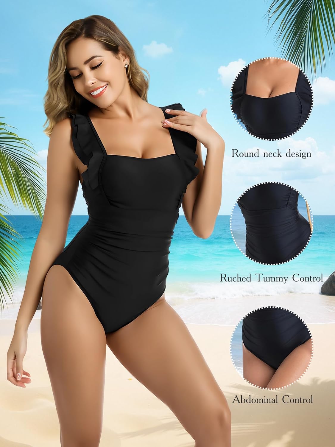 Women's Swimsuit,One Piece Bathing Suit with Ruffle Shoulder Tummy Control Sexy Ruched,Black