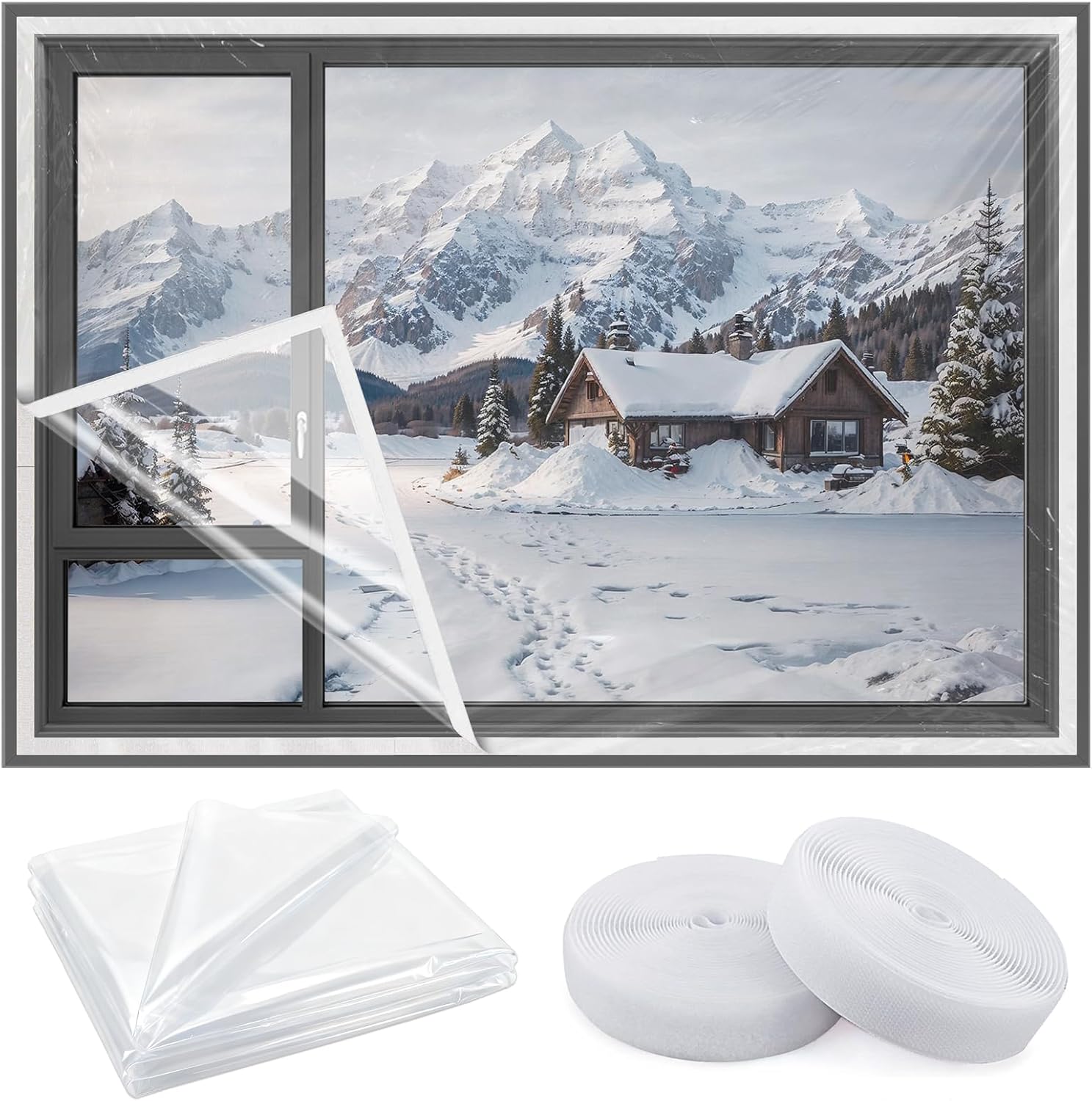 Heavy Duty Window Insulation Kit (180μm Thick) 63 in x 20 ft Cuttable Plastic Window Cover Reusable with Strong Adhesive Tape for Winterizing Waterproof Thermal Insulation Film​