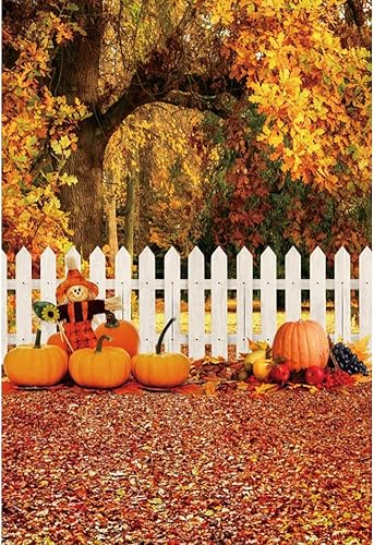 Laeacco Fondos de fotografía de otoño de 5 x 7 pies, fondo de otoño para el día de Acción de Gracias, valla blanca, hojas de calabaza, cosecha, baby