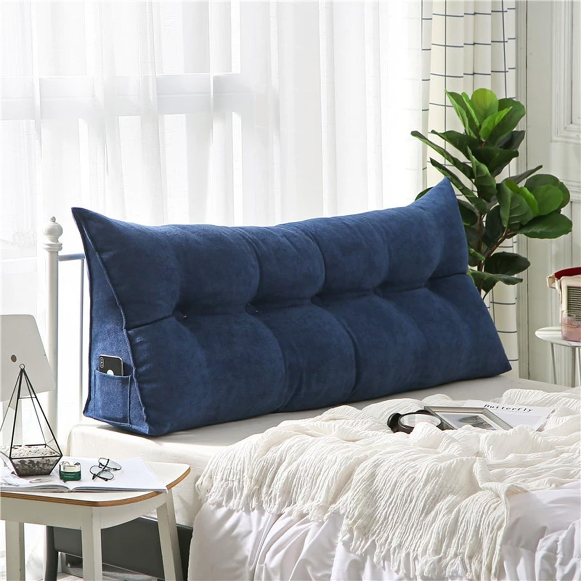 DUOLEH Headboard Triangular Rest Reading Pillow, Triangular Wedge Bolster Pillow, Large Headboard Backrest, Lumbar Support Cushion with Pocket, Wedge Cushion for Beds (120x50x20cm,Dark blue)