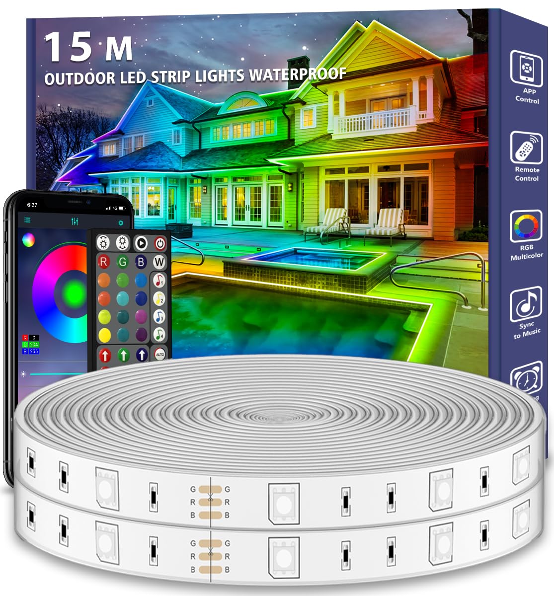 Outdoor LED Streifen Wasserdicht, 15m LED Lichterkette Außen IP68 Lichtband wasserfest mit App-Fernsteuerung, Musik Synchronisation RGB Outside Lichterkette für Balkon, Terrasse, Dach, Garten, Pool