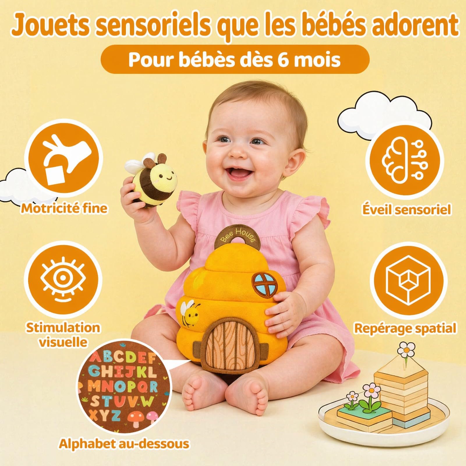 Jouet pour bébé de 6 à 12 mois, ruche avec 5 abeilles, jouet sensoriel Montessori avec musique, hochet, miroir, jeux éducatifs et jouets de motricité, cadeaux pour enfants de 1, 2, 3 ans