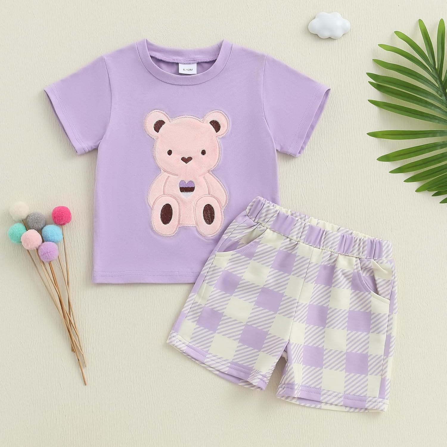 Toddler Baby Girl Summer Clothes Bear Short Sleeve T-Shirt Tops Checkered Elastic Waist Shorts Set Infant Outfit - Image 5