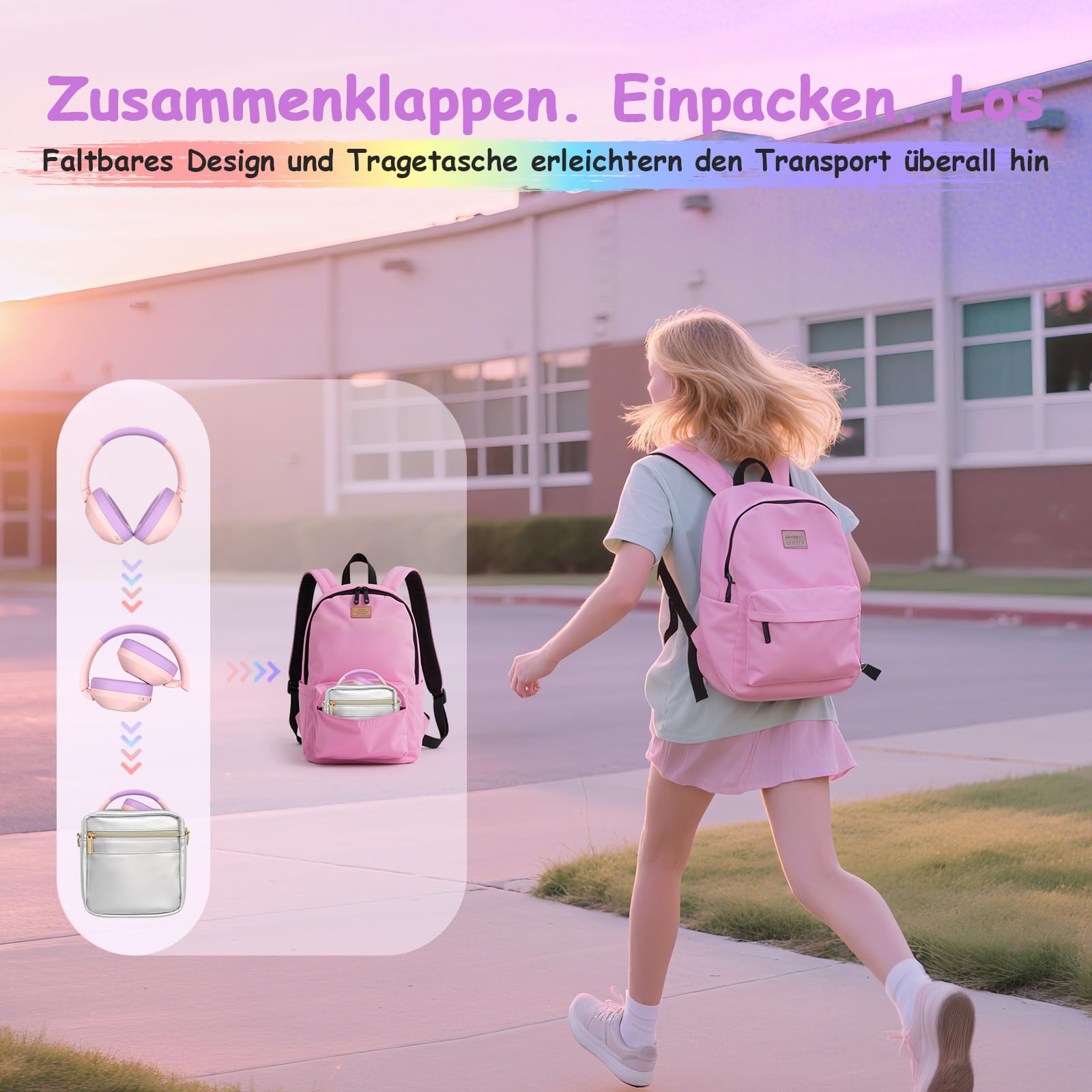 TONOSHARK Noise Cancelling Kopfhörer Kinder, Kinderkopfhörer Bluetooth, Bunte RGB LED Leuchte, 60h Spielzeit, Bluetooth 5.4, Headset Over Ear, Für Zuhause/Schule, Inkl. Kopfhörer Case (Rosa)